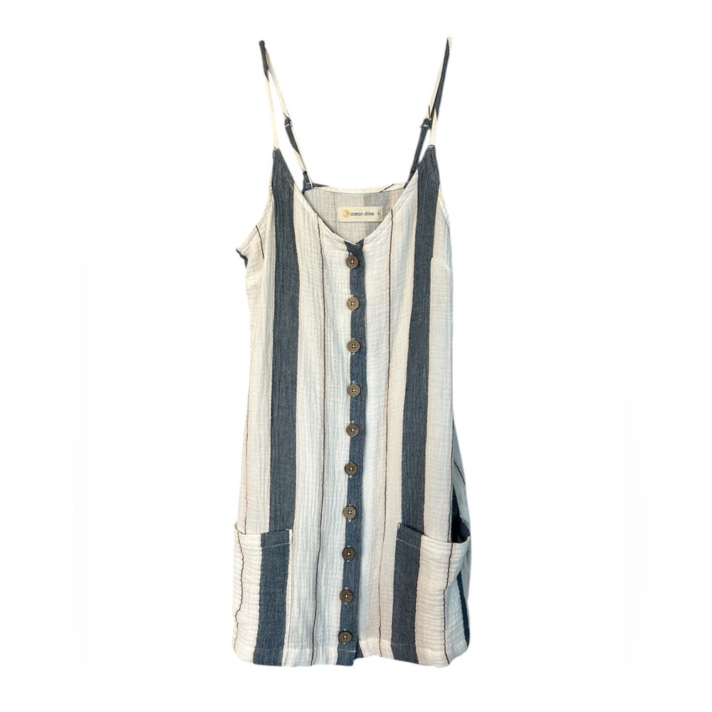 Ocean Drive Blue and White Striped Button-Front Sundress